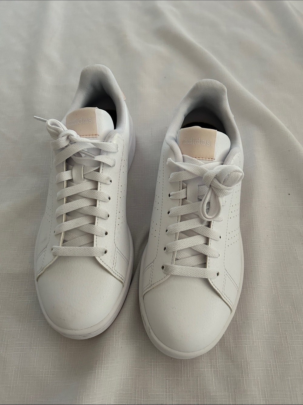adidas White Low-Top Sneakers with Pale Pink Heel and Tongue Accents